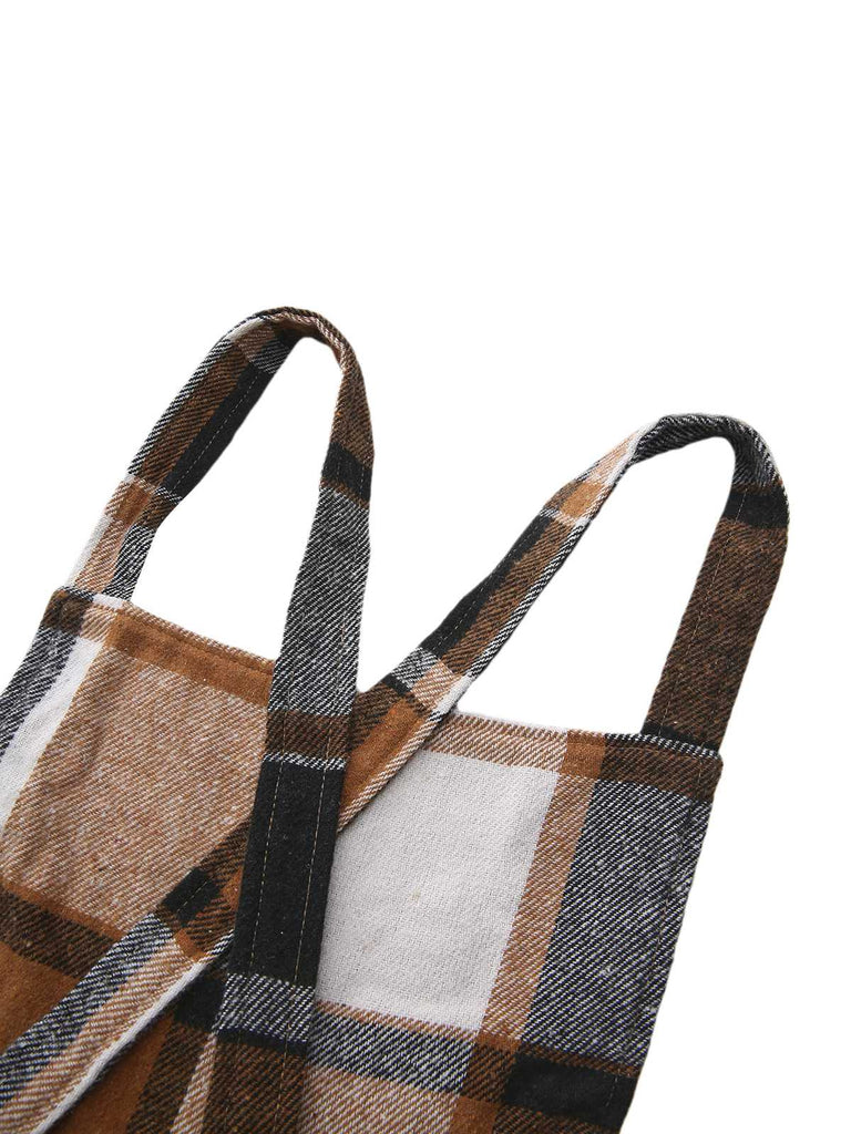 Khaki 1960er Quadratischer Hals Karo Overall Kleid