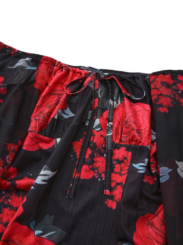 Rot 1960er Französisch Tee Blumen Schulterfrei Enges Kleid