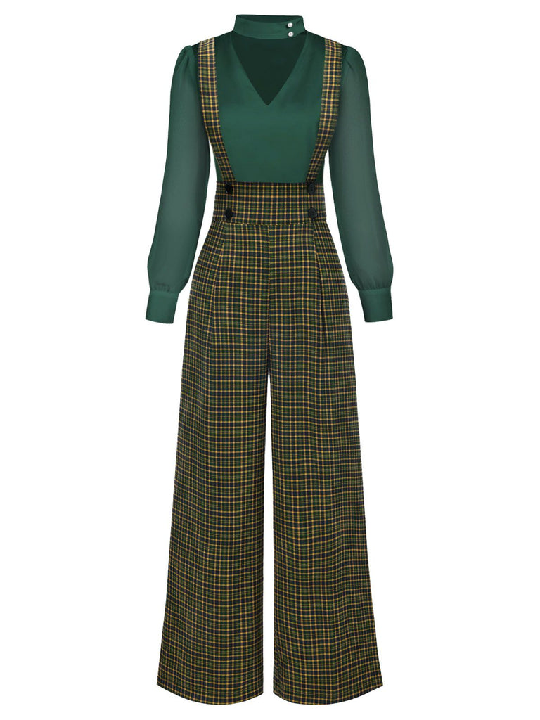 2PCS 1940er Satin Puffärmel Bluse & Glen Plaid Overall Hose