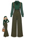 2PCS 1940er Satin Puffärmel Bluse & Glen Plaid Overall Hose
