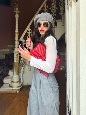 2PCS 1940er Satin Puffärmel Bluse & Glen Plaid Overall Hose