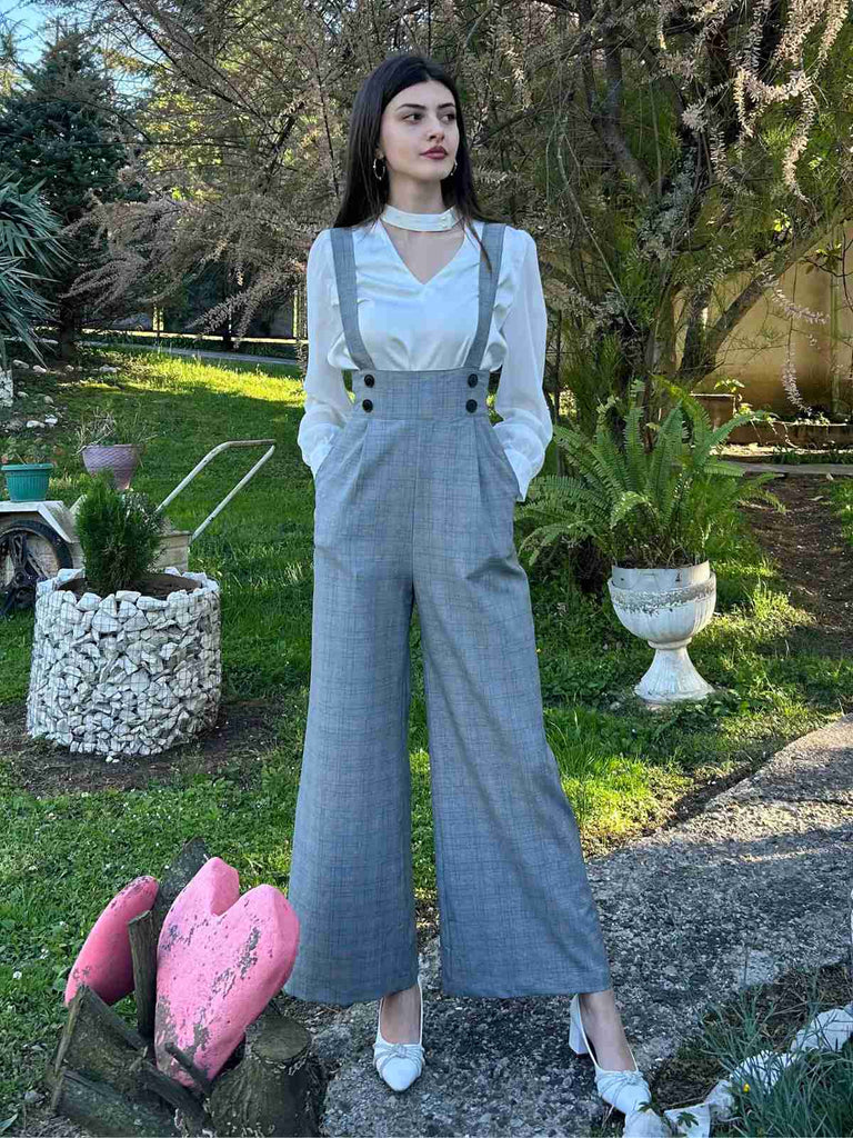 2PCS 1940er Satin Puffärmel Bluse & Glen Plaid Overall Hose