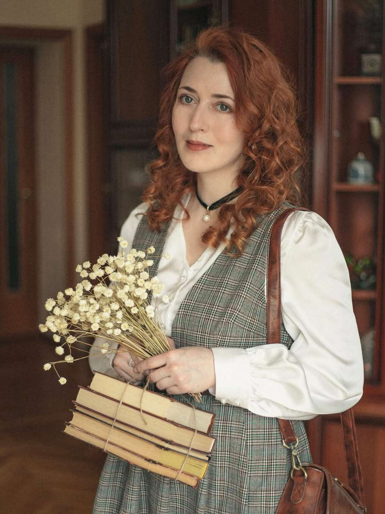 2PCS Grau 1940er V-Ausschnitt Plaid Kleid & Satin Bluse