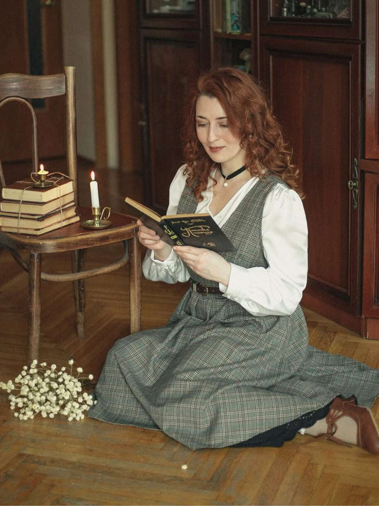 2PCS Grau 1940er V-Ausschnitt Plaid Kleid & Satin Bluse