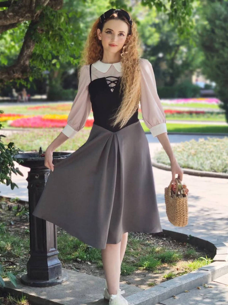 2PCS 1940er Farbblock Rosa Bluse & Grau Kleid