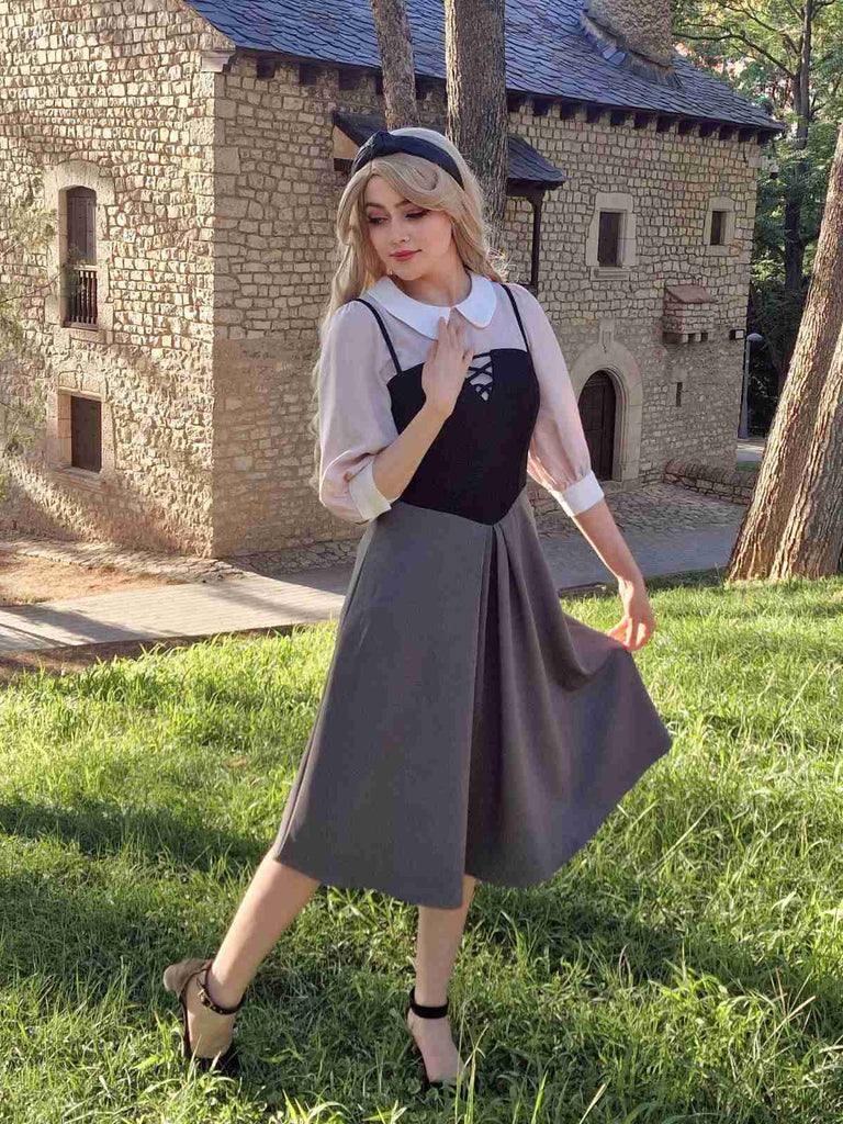 2PCS 1940er Farbblock Rosa Bluse & Grau Kleid