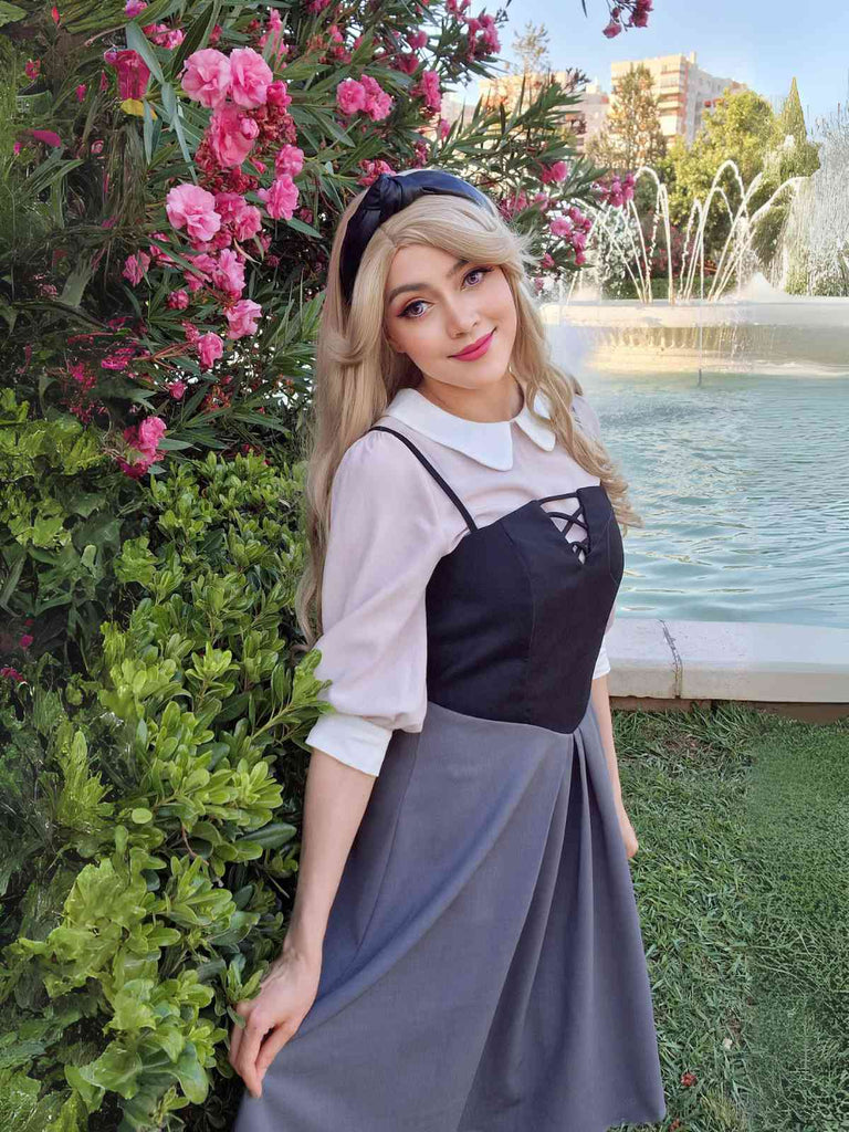 2PCS 1940er Farbblock Rosa Bluse & Grau Kleid