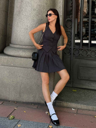 2PCS Dunkelgrau 1960er Nadelstreifen Top & Plissiertes Rock