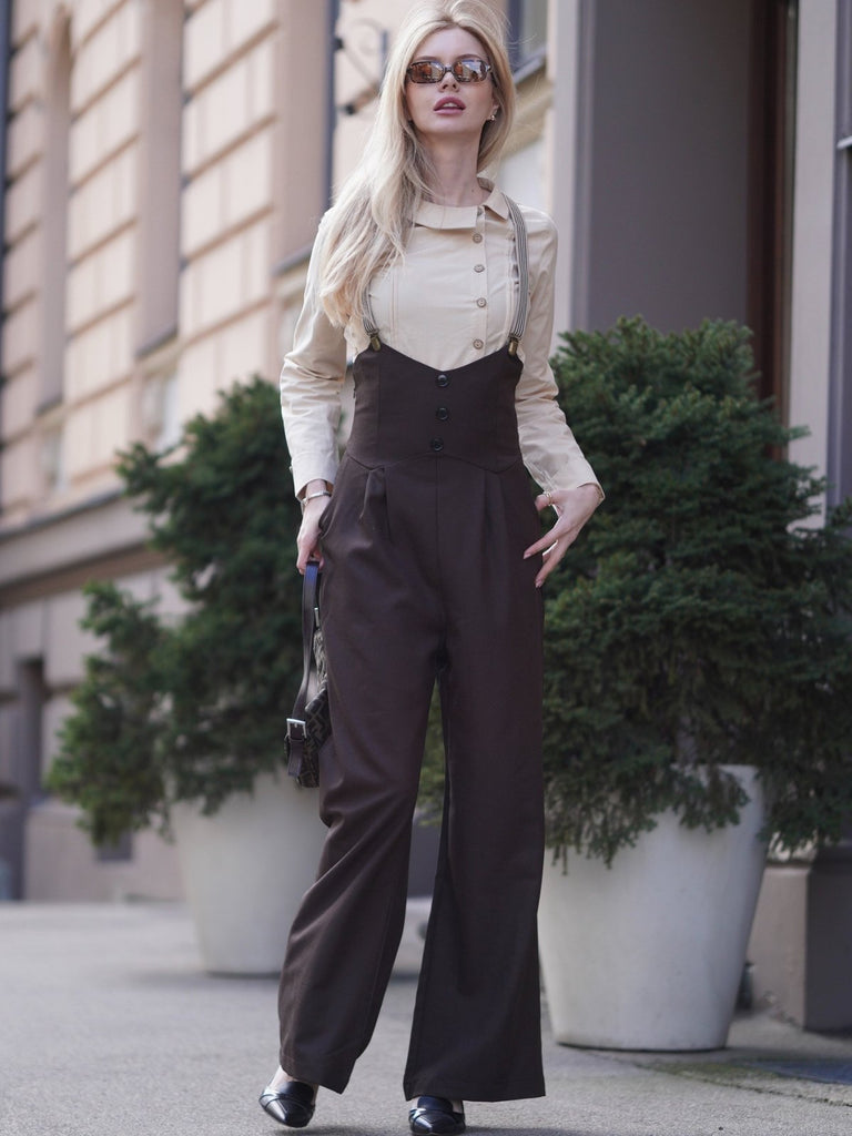 2PCS 1930er Baumwolle Solide Bluse & Latzhose