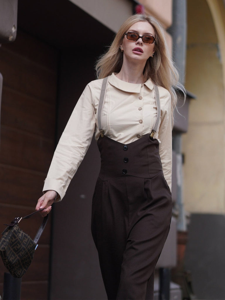 2PCS 1930er Baumwolle Solide Bluse & Latzhose