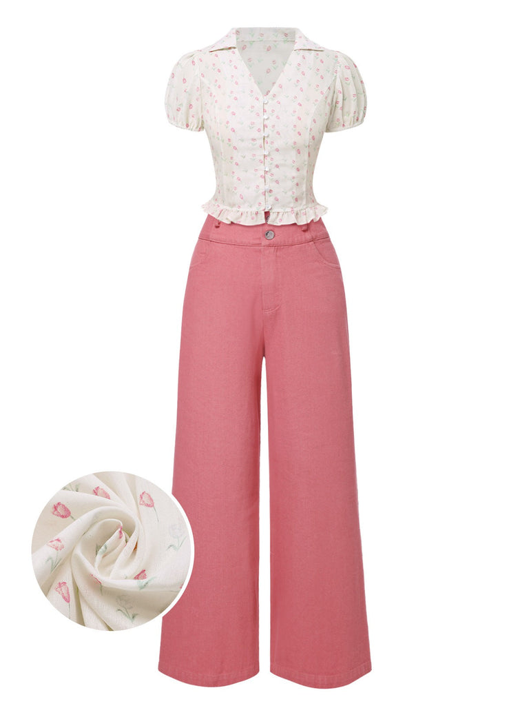 2PCS Rosa 1950er Tulip Bluse & Rose Tasten Hosen