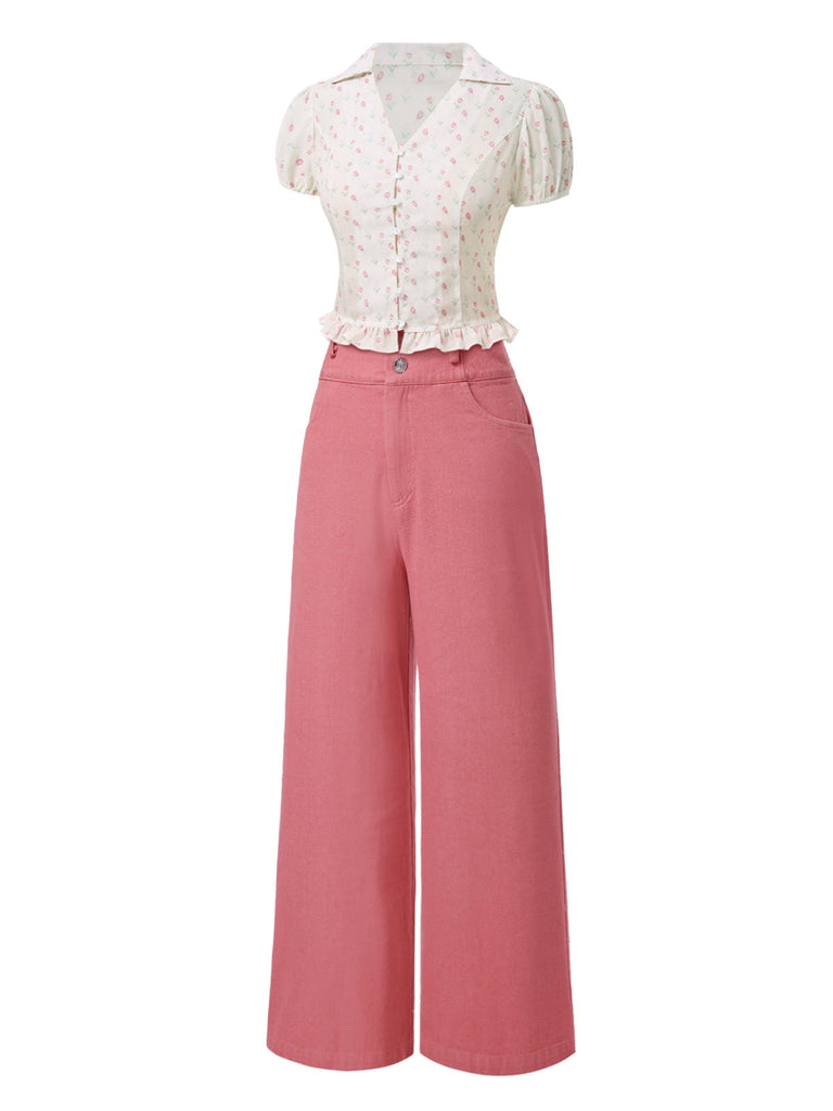 2PCS Rosa 1950er Tulip Bluse & Rose Tasten Hosen