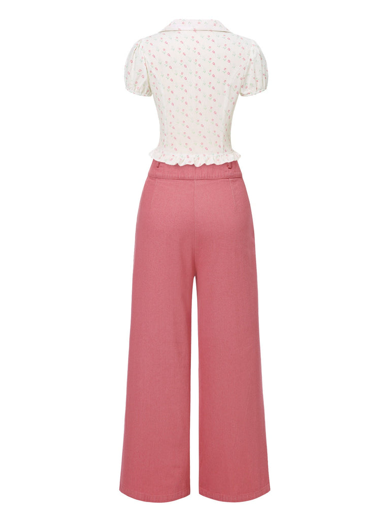 2PCS Rosa 1950er Tulip Bluse & Rose Tasten Hosen