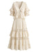 Beige 70er Boho Bluse mit Rüschen und Spitze