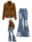 [Vorverkauf] 70er Set aus Sternen-Fransenjacke in Wildlederoptik und Denim-Print-Schlaghose