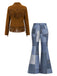 70er Set aus Sternen-Fransenjacke in Wildlederoptik und Denim-Print-Schlaghose