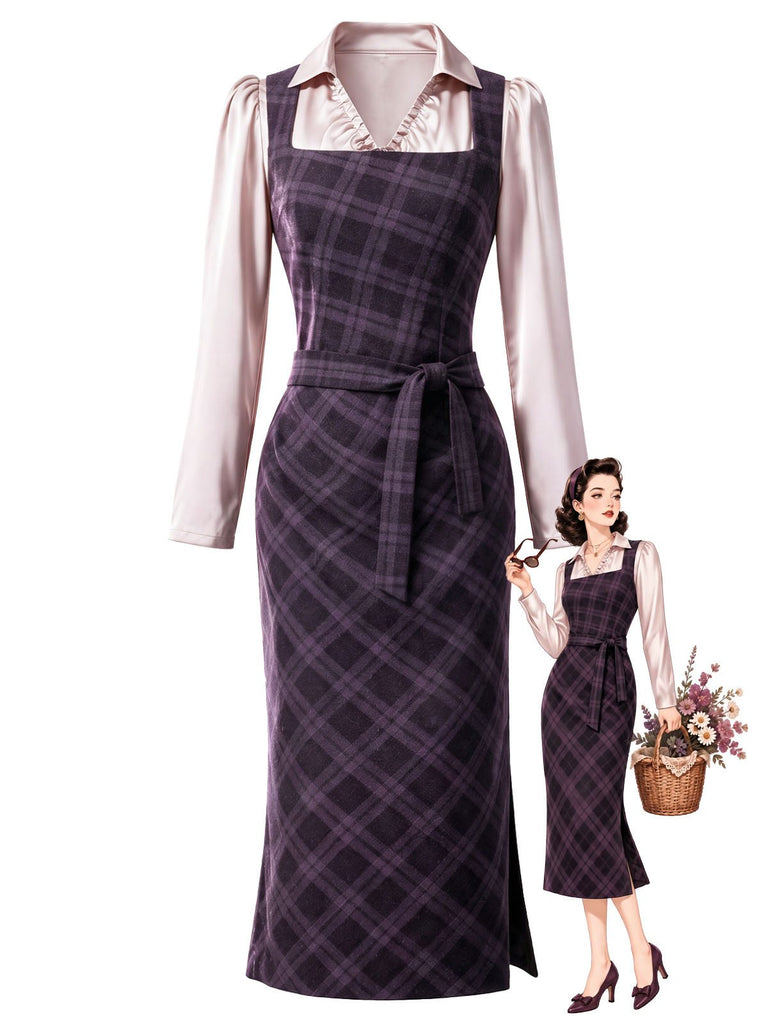 Lila 60er Set aus Karo-Bleistiftkleid und Satinbluse mit Tunnelzugraffung