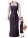 Lila 60er Set aus Karo-Bleistiftkleid und Satinbluse mit Tunnelzugraffung