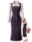 [Vorverkauf] Lila 60er Set aus Karo-Bleistiftkleid und Satinbluse mit Tunnelzugraffung
