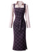 Lila 60er Set aus Karo-Bleistiftkleid und Satinbluse mit Tunnelzugraffung