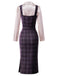 Lila 60er Set aus Karo-Bleistiftkleid und Satinbluse mit Tunnelzugraffung
