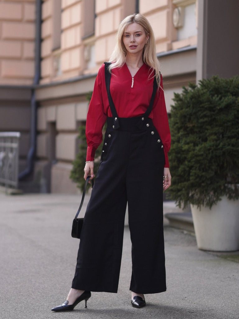 Weinrot 1930er SOLIDE BLUSE & SCHWARZ STRÄGER HOSE