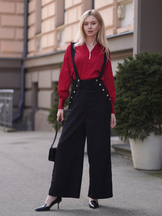 Weinrot 1930er SOLIDE BLUSE & SCHWARZ STRÄGER HOSE