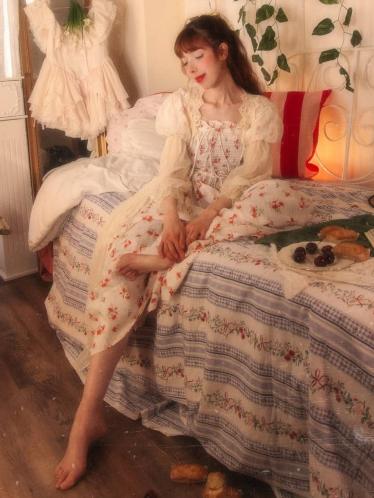 2PCS Aprikose 1950er Blumen Träger Schlitz Nachthemd & Robe