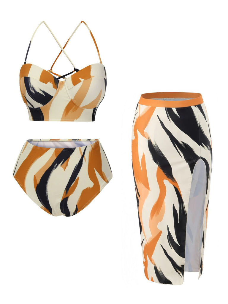 2PCS Multicolor 1960er Künstlerischer Pinsel Träger Schnürung Bademode & Cover-Up