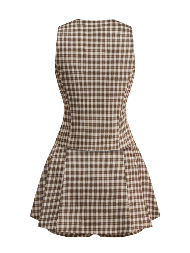 2PCS Braun 1960er Gingham Plaid Plissiertes Weste & Rock