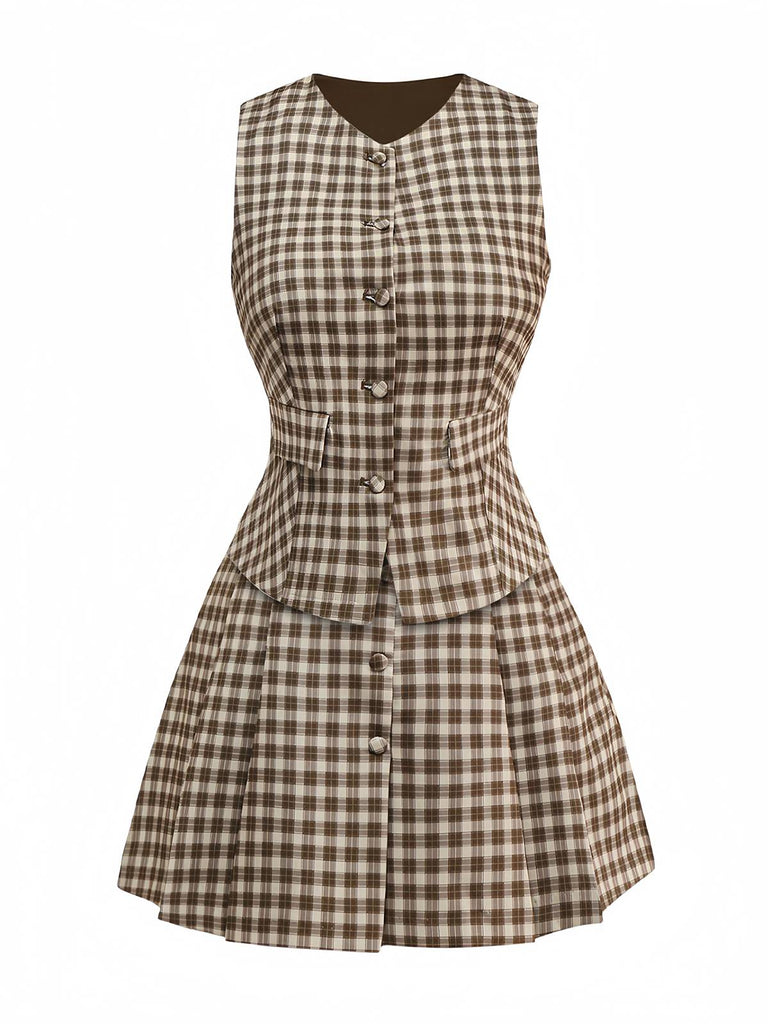 2PCS Braun 1960er Gingham Plaid Plissiertes Weste & Rock