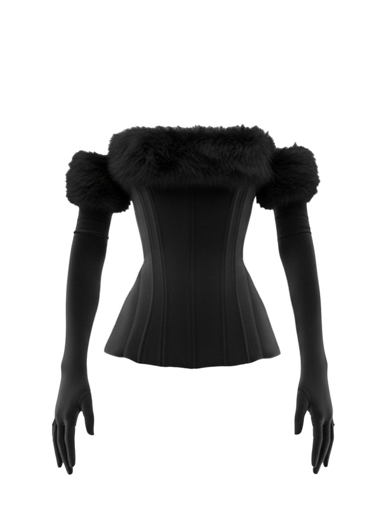 1980er Trägerlos Plüsch Tailliert Top Mit Langen Handschuhen