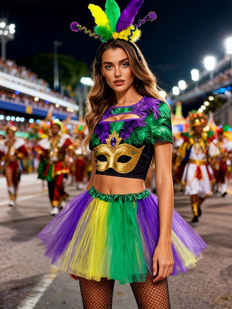 3PCS 1970er Karneval Masken Cutout Top & Unterrock & Stirnband