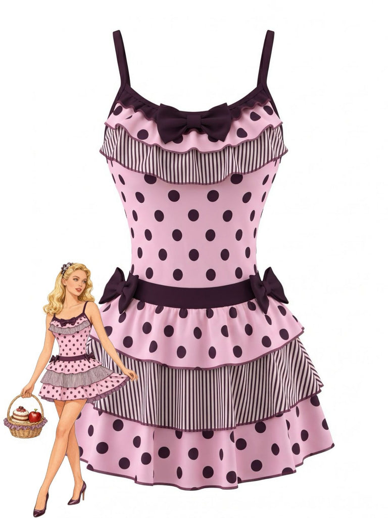 80er Ärmelloses Tanktop & Minirock-Set mit Polka-Dots und Streifen