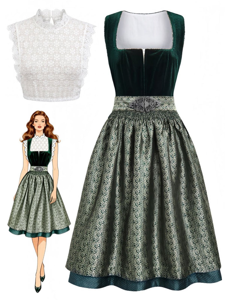 Grünes 50er Oktoberfest-Dirndl-Set mit Schürze und Spitzentop