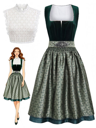 Grünes 50er Oktoberfest-Dirndl-Set mit Schürze und Spitzentop