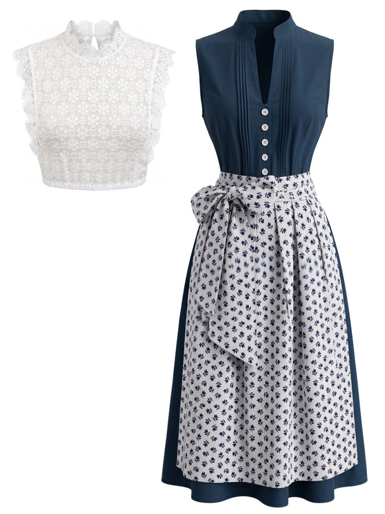 Blaues 50er 3PCS Kleid mit Schürze und Spitzentop