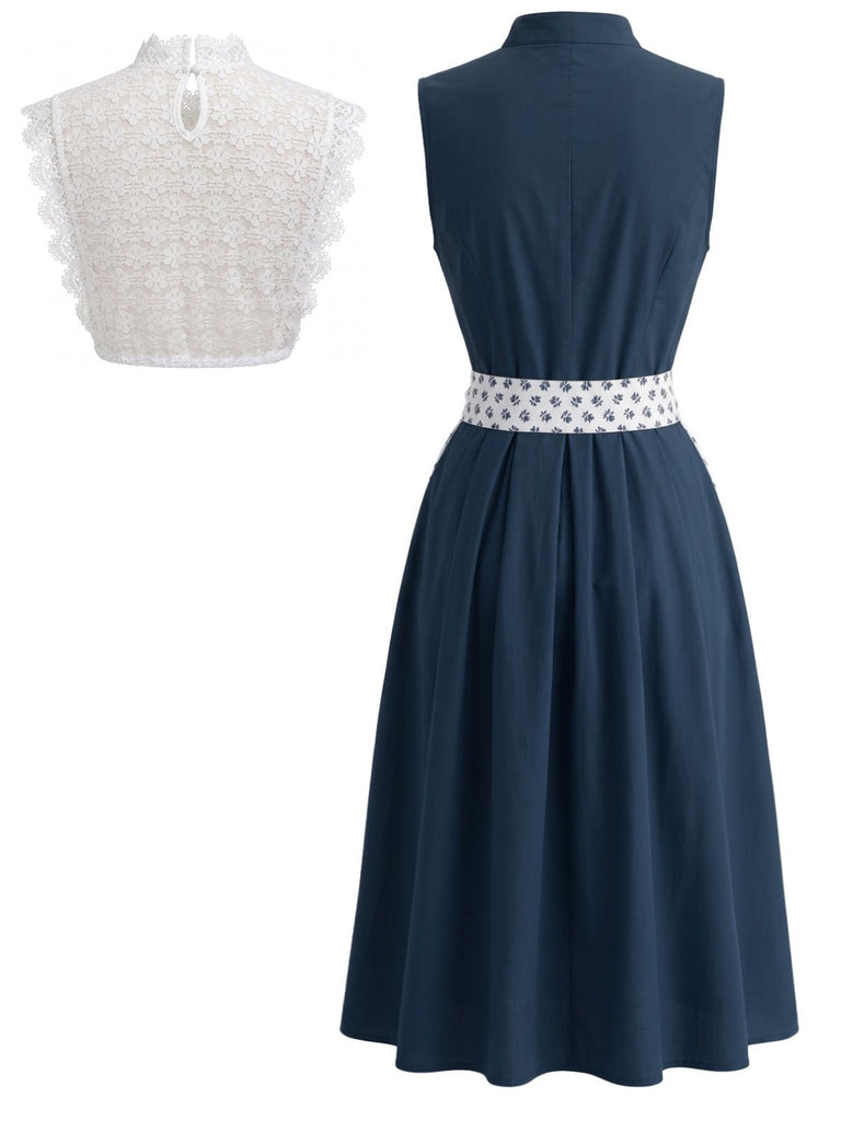 Blaues 50er 3PCS Kleid mit Schürze und Spitzentop