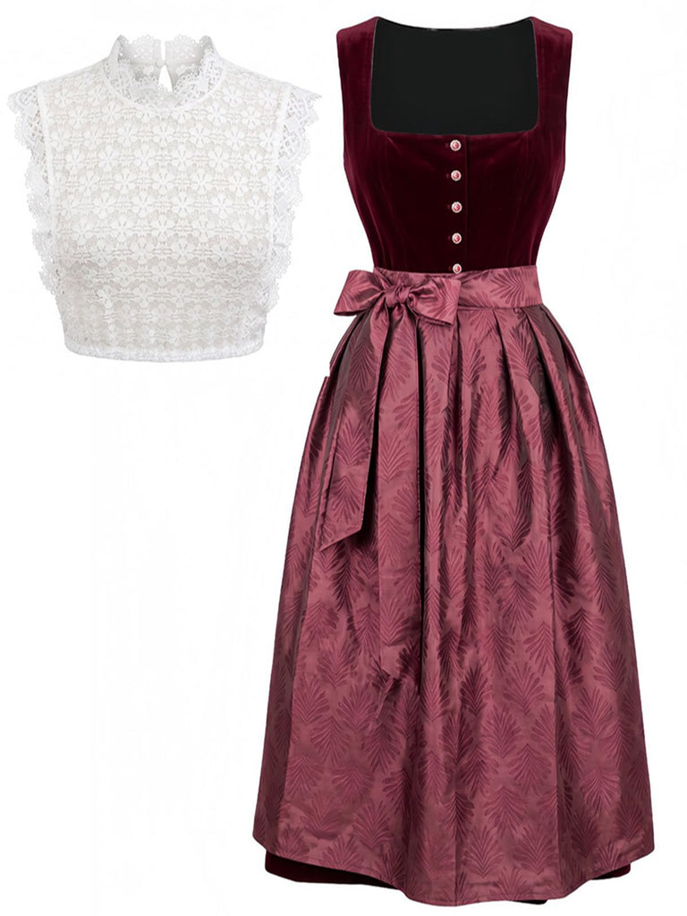 Weinrotes 50er 3PCS Kleid mit Samt und Schürze