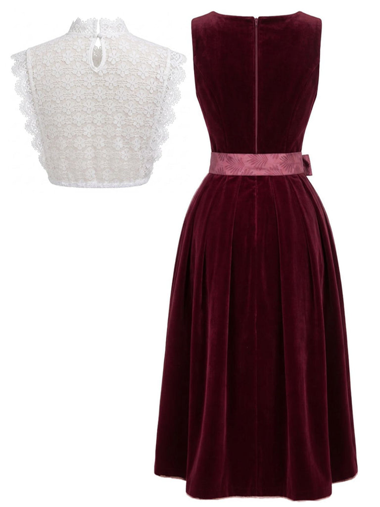 Weinrotes 50er 3PCS Kleid mit Samt und Schürze
