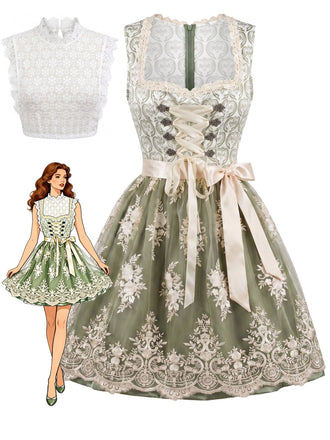 Hellgrünes & Weißes 50er Kleid mit Eckiger Ausschnitt und Blumen