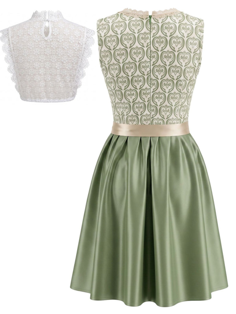 Hellgrünes & Weißes 50er Kleid mit Eckiger Ausschnitt und Blumen
