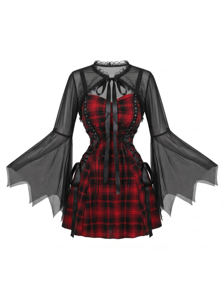 Schwarz-rotes 50er Halloween Karo-Kleid mit Fledermausärmeln und Accessoire-Set
