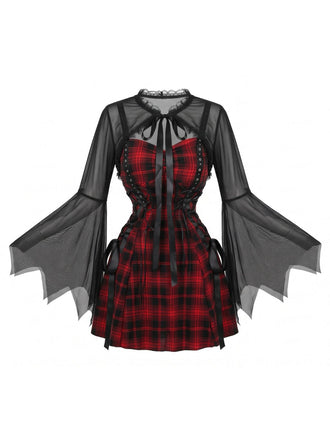 Schwarz-rotes 50er Halloween Karo-Kleid mit Fledermausärmeln und Accessoire-Set