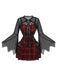 Schwarz-rotes 50er Halloween Karo-Kleid mit Fledermausärmeln und Accessoire-Set