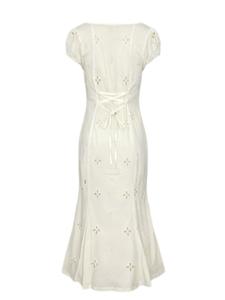 Weiß 1960er Blumen Cutout Flügelärmel Fischschwanz Kleid