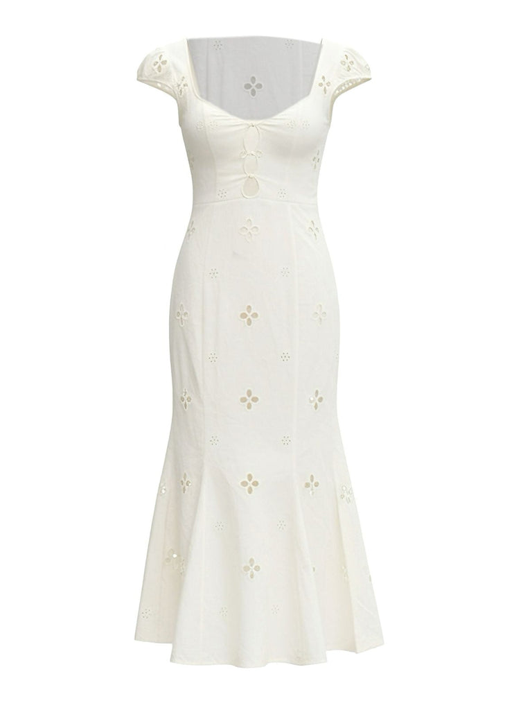 Weiß 1960er Blumen Cutout Flügelärmel Fischschwanz Kleid