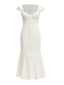 Weiß 1960er Blumen Cutout Flügelärmel Fischschwanz Kleid
