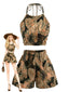 Blaues 80er Bikini-Set & gelbes Cover-Up mit Phalaenopsis und Neckholder