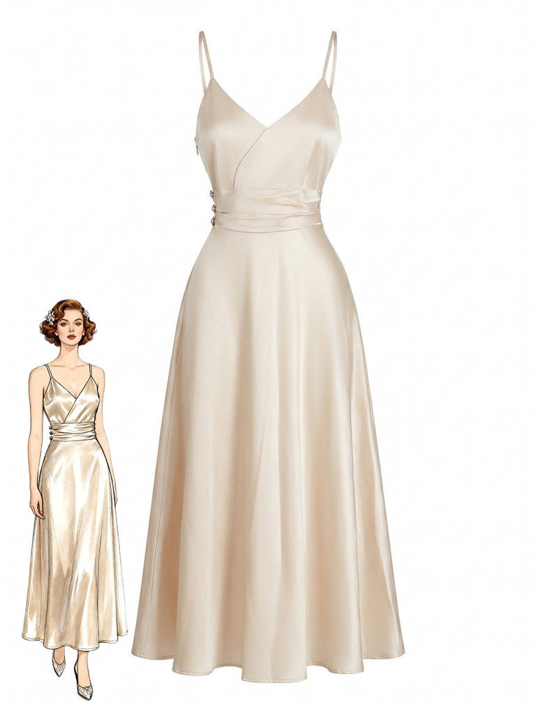 Champagneres 30er Satin-Maxikleid mit V-Ausschnitt und Raffung
